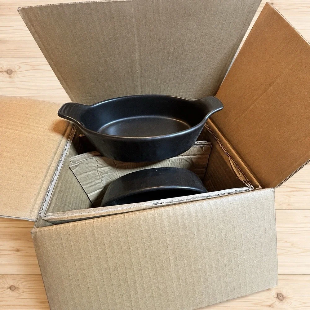 Set of 4 Black Ceramic Oval Au Gratin Baking Dishes Handled 8 Inch